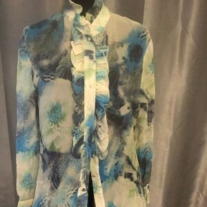 St John Chic Floral Ruffle Blouse - Blue and Green chiffon silk